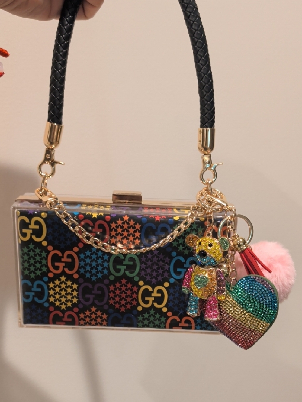 Upcycled Multicolor Logo Pattern Clear Box Clutch with Gold Chain/ 1 of 2 - Picture 2 of 6